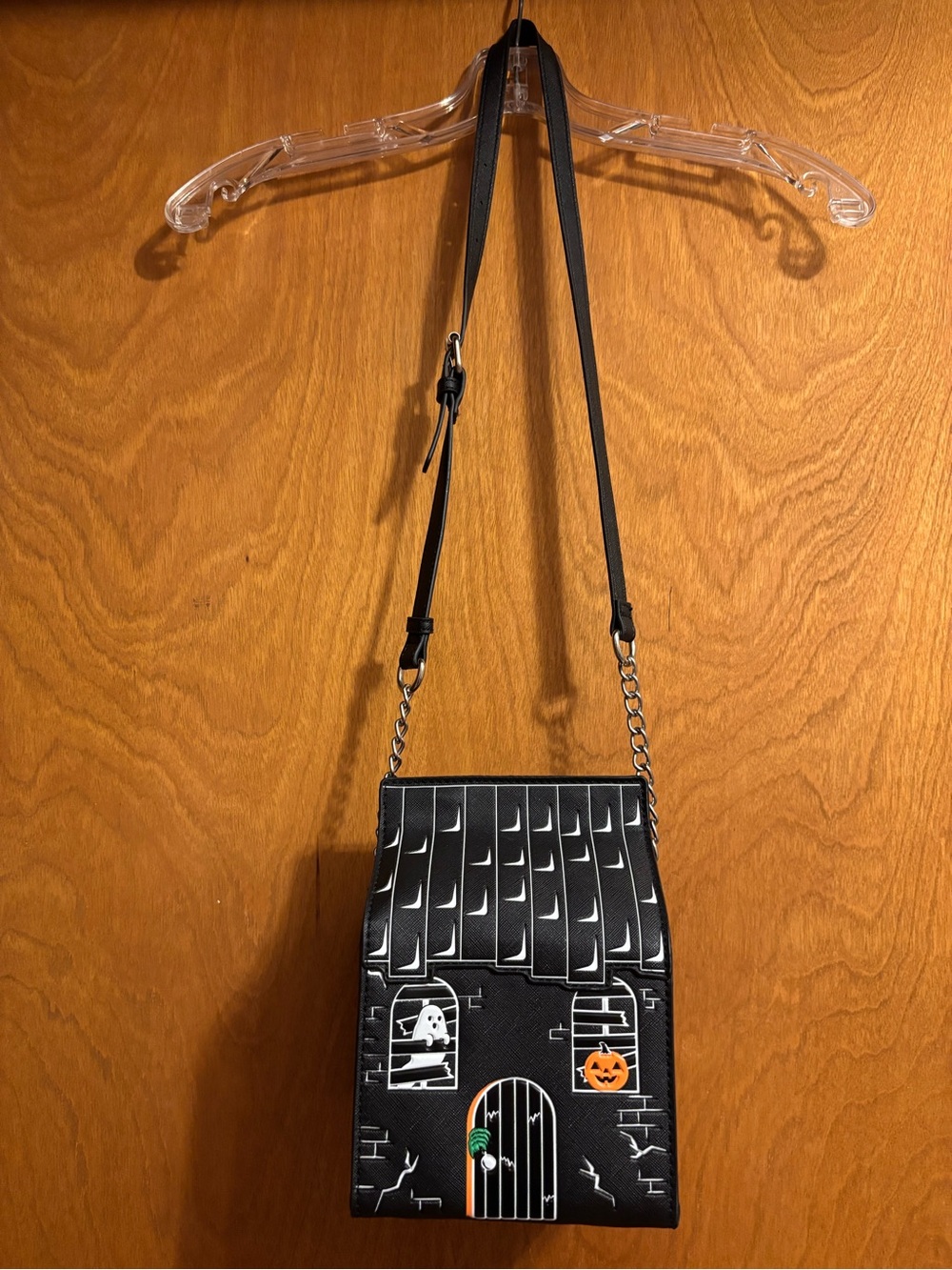 Black Haunted House Crossbody Bag with Halloween Details